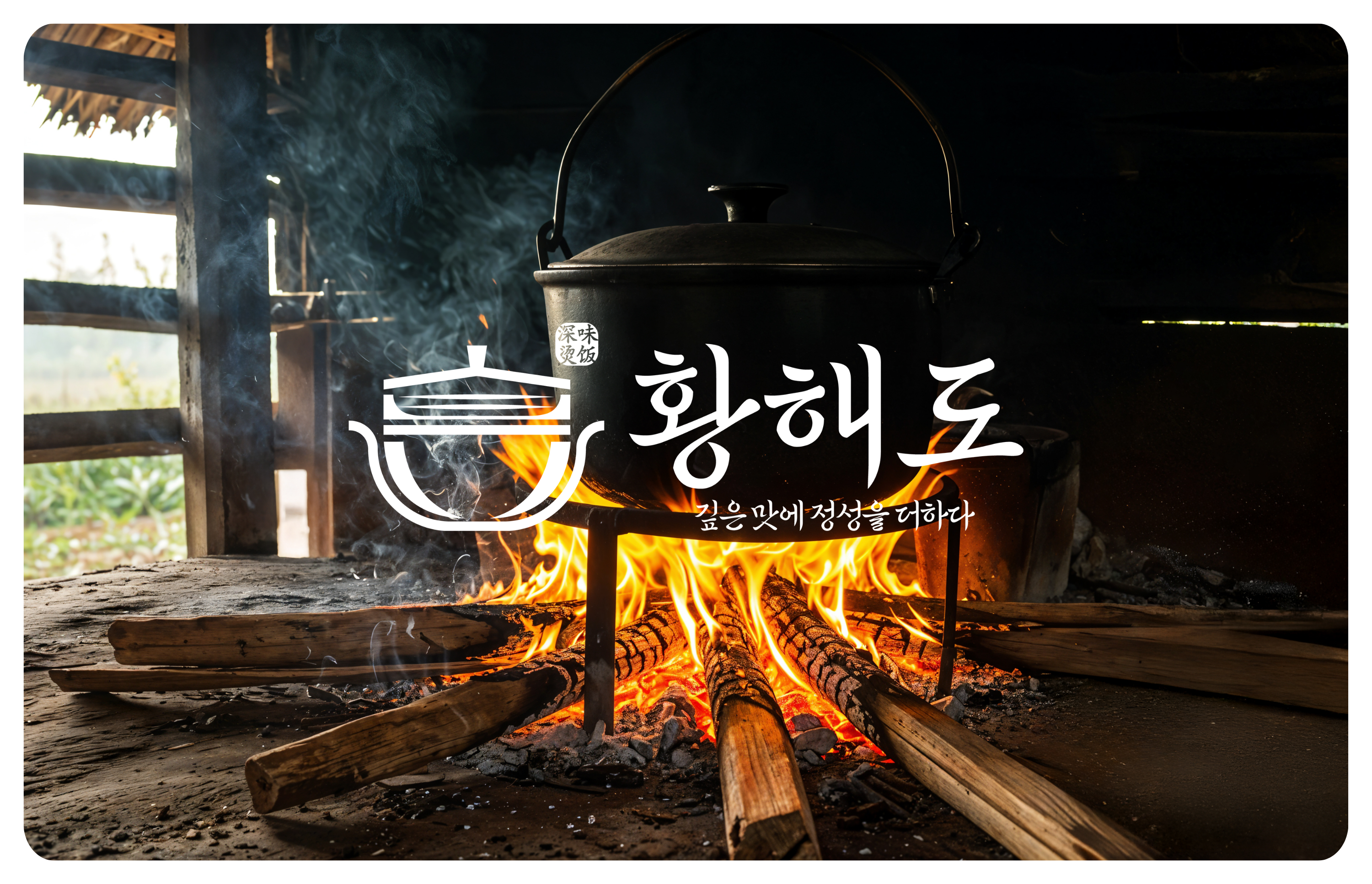 장작불 위에 걸린 큰 검은 냄비가 있고, 화면에 ‘황해도’라는 글자가 보인다.