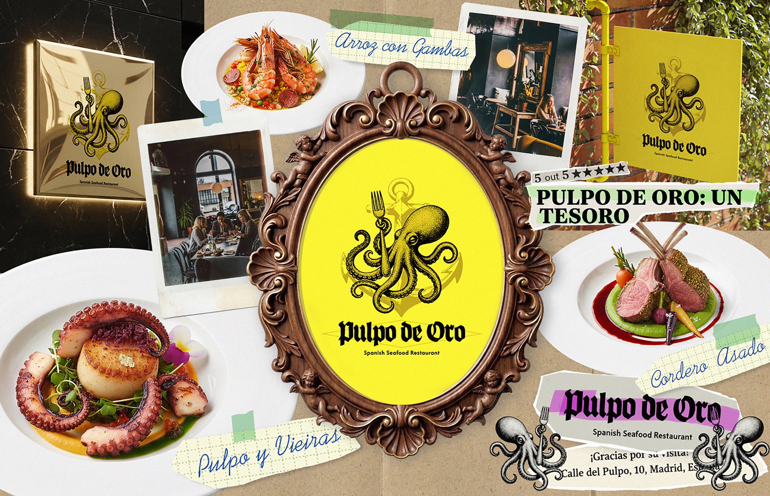 노란 배경의 Pulpo de Oro 로고가 중앙의 장식 프레임에 들어가 있고, 주변에 해산물과 고기 요리 사진 및 매장 사진이 콜라주처럼 배치되어 있다.