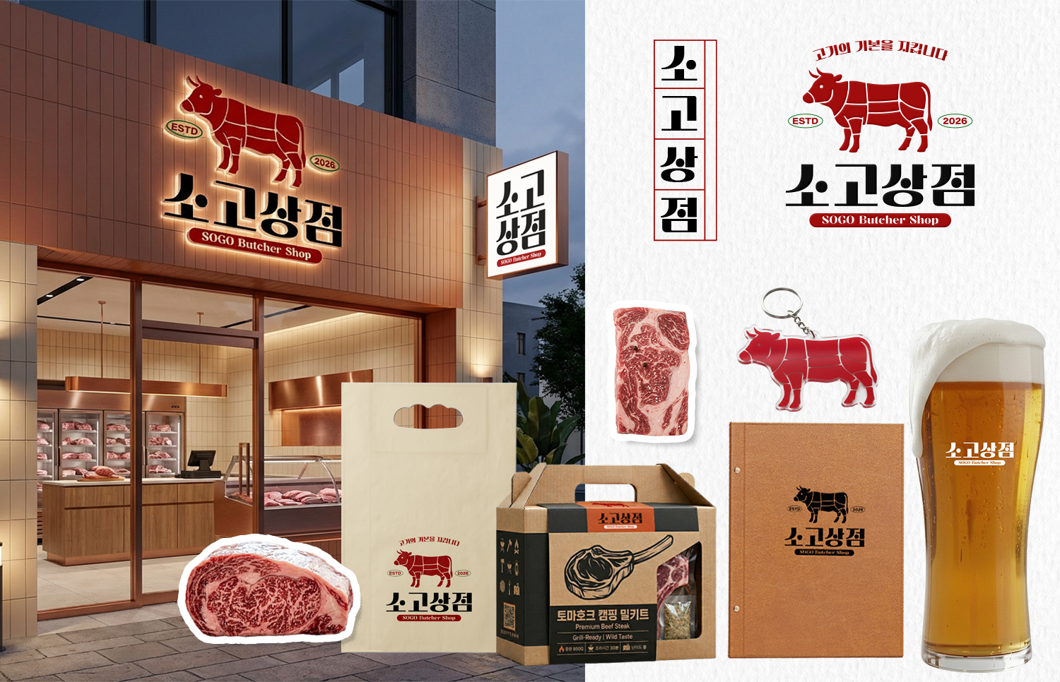 소고상점 로고와 소고기, 선물용 포장 박스, 열쇠고리, 맥주잔 등이 함께 보이는 매장 및 상품 이미지
