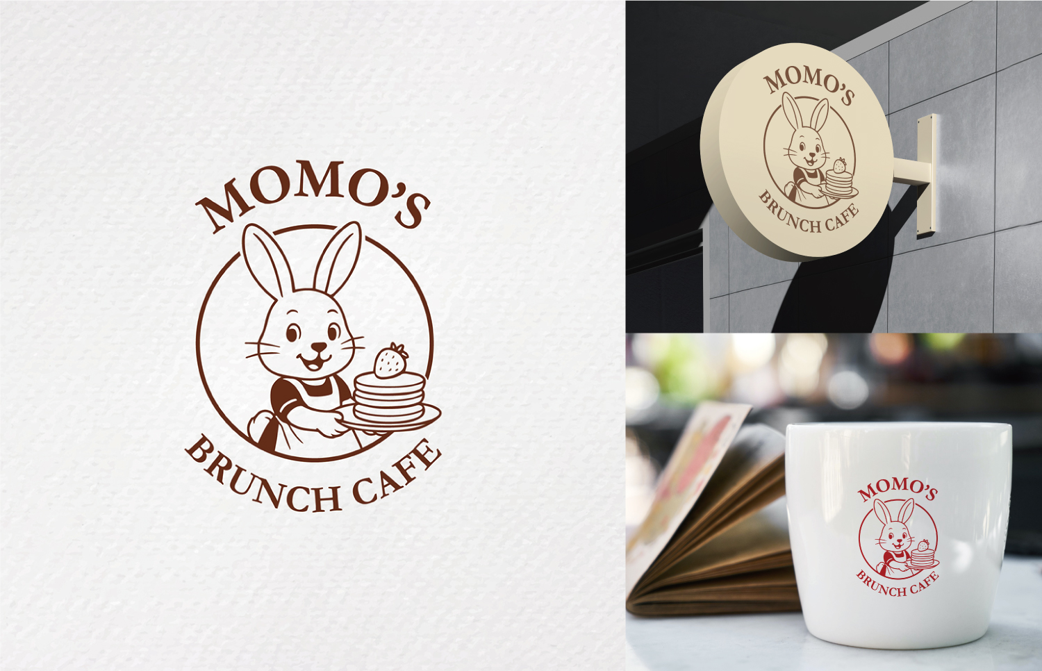 토끼와 팬케이크 일러스트가 들어간 MOMO's BRUNCH CAFE 로고가 흰 배경, 간판, 머그컵에 각각 적용된 모습